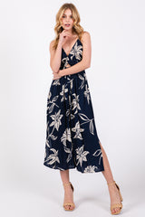 Navy Blue Floral Front Twist Midi Dress