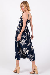 Navy Blue Floral Front Twist Midi Dress