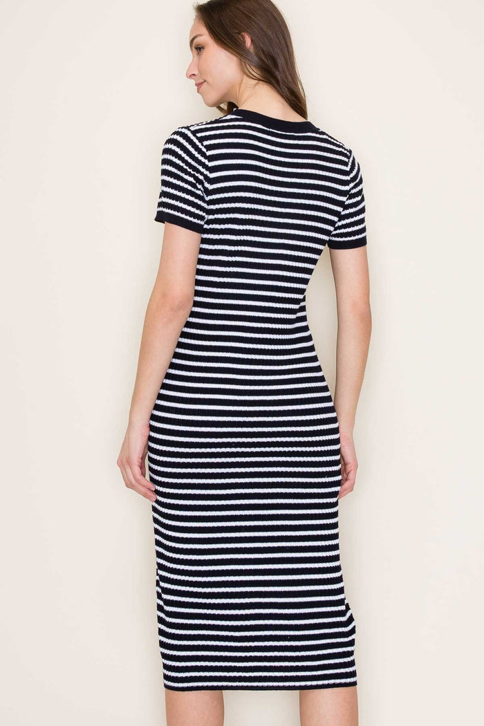 Navy Striped Knit Midi Dress