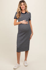 Navy Striped Knit Maternity Midi Dress