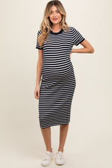 Navy Striped Knit Maternity Midi Dress