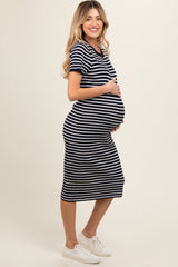 Navy Striped Knit Maternity Midi Dress