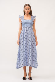 Blue Polka Dot Smocked Midi Dress