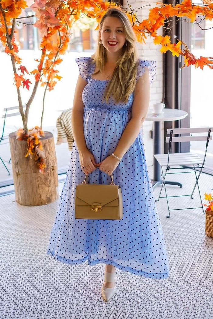 Blue Polka Dot Smocked Midi Dress