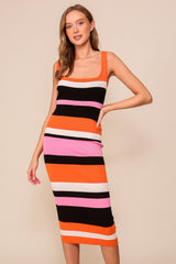 Orange Striped Sweater Square Neck Maternity Midi Dress