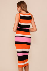 Orange Striped Sweater Square Neck Midi Dress