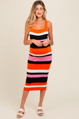 Orange Striped Sweater Square Neck Maternity Midi Dress