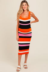 Orange Striped Sweater Square Neck Maternity Midi Dress