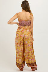 Yellow Floral Border Print Smocked Shoulder Tie Maternity Jumpsuit