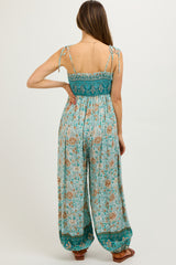 Light Blue Floral Border Print Smocked Shoulder Tie Maternity Jumpsuit