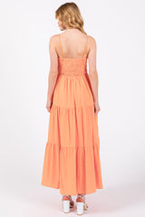 Orange Smocked V-Neck Sleeveless Tiered Midi Dress