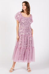 Mauve Floral Lined Smocked Tulle Maternity Midi Dress