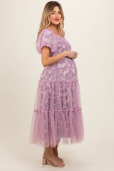 Mauve Floral Lined Smocked Tulle Maternity Midi Dress