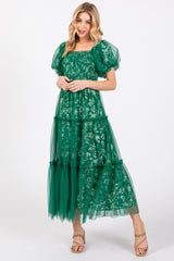 Forest Green Floral Lined Smocked Tulle Maternity Midi Dress