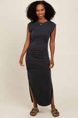 Black Ruched Side Slit Midi Dress