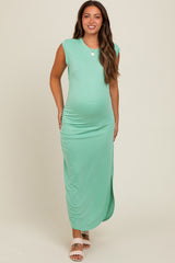 Green Ruched Side Slit Maternity Midi Dress