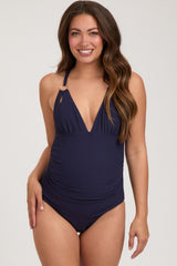 Navy Blue Ribbed V-Neck Ruched Criss Cross Low Back Maternity One Piece Swimsuit