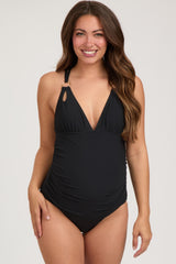 Black Ribbed V-Neck Ruched Criss Cross Low Back Maternity One Piece Swimsuit