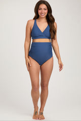 Blue High Waist Maternity Bikini Set