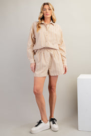 Beige Striped Button Accent Shorts