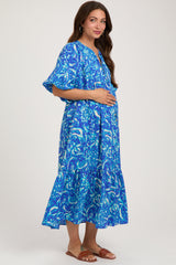 Blue Floral Tiered Maternity Midi Dress