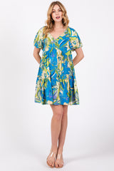 Aqua Floral Puff Sleeve Maternity Dress