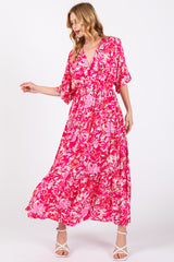 Fuchsia Floral Dolman Sleeve Tiered Maternity Maxi Dress