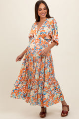 Peach Floral Dolman Sleeve Tiered Maternity Dress