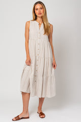 Taupe Striped Sleeveless Tiered Linen Maternity Midi Dress