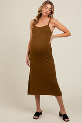 Olive Square Neck Ribbed Sleeveless Maternity Midi Dress