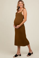 Olive Square Neck Ribbed Sleeveless Maternity Midi Dress