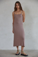 Mocha Square Neck Ribbed Sleeveless Maternity Midi Dress