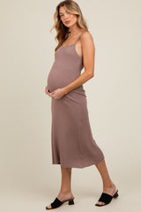 Mocha Square Neck Ribbed Sleeveless Maternity Midi Dress