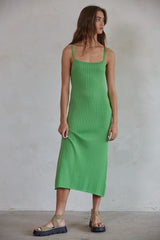 Green Square Neck Ribbed Sleeveless Maternity Midi Dress