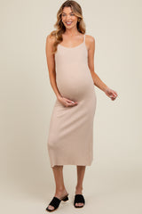 Beige Square Neck Ribbed Sleeveless Maternity Midi Dress