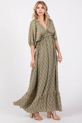 Olive Deep V-Neck Short Puff Sleeve Ruffle Maxi Dress