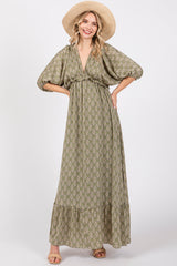 Olive Deep V-Neck Short Puff Sleeve Ruffle Maternity Maxi Dress