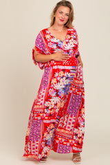 Red Mixed Print Bell Sleeve Plus Maternity Maxi Dress