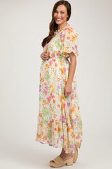 Ivory Floral Ruffle Accent Maternity Midi Dress