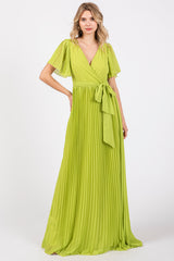 Lime Chiffon Wrap Front V-Neck Short Sleeve Pleated Maxi Dress