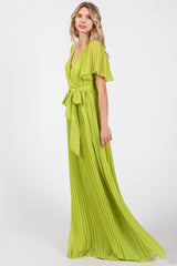 Lime Chiffon Wrap Front V-Neck Short Sleeve Pleated Maxi Dress