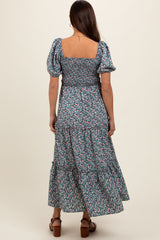 Navy Floral Smocked Tiered Puff Sleeve Maternity Maxi Dress