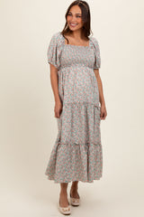 Mint Floral Smocked Tiered Puff Sleeve Maternity Maxi Dress