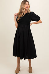 Black Ribbed Bodice Puff Sleeve Maternity Midi Dress