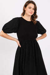 Black Ribbed Bodice Puff Sleeve Midi Dress