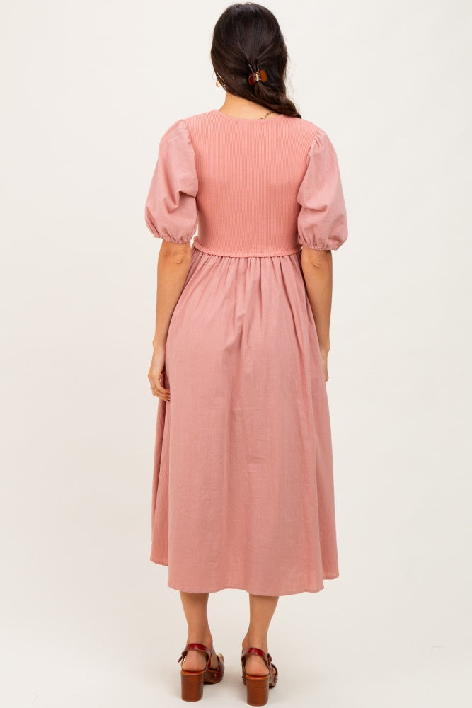Peach Ribbed Bodice Puff Sleeve Midi Dress