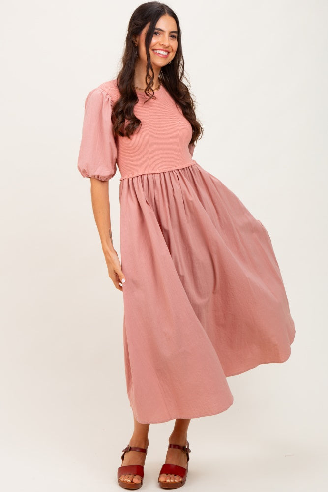 Peach Ribbed Bodice Puff Sleeve Midi Dress
