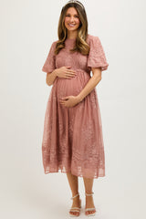 Mauve Floral Lace Smocked Maternity Midi Dress