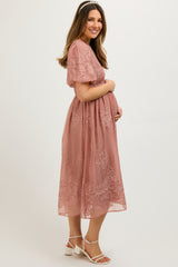 Mauve Floral Lace Smocked Maternity Midi Dress