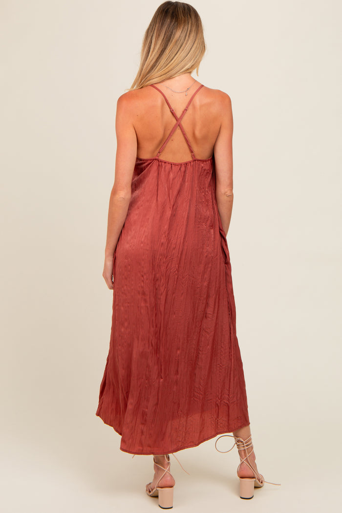Rust Crinkle V-Neck Cross Back Maternity Midi Dress